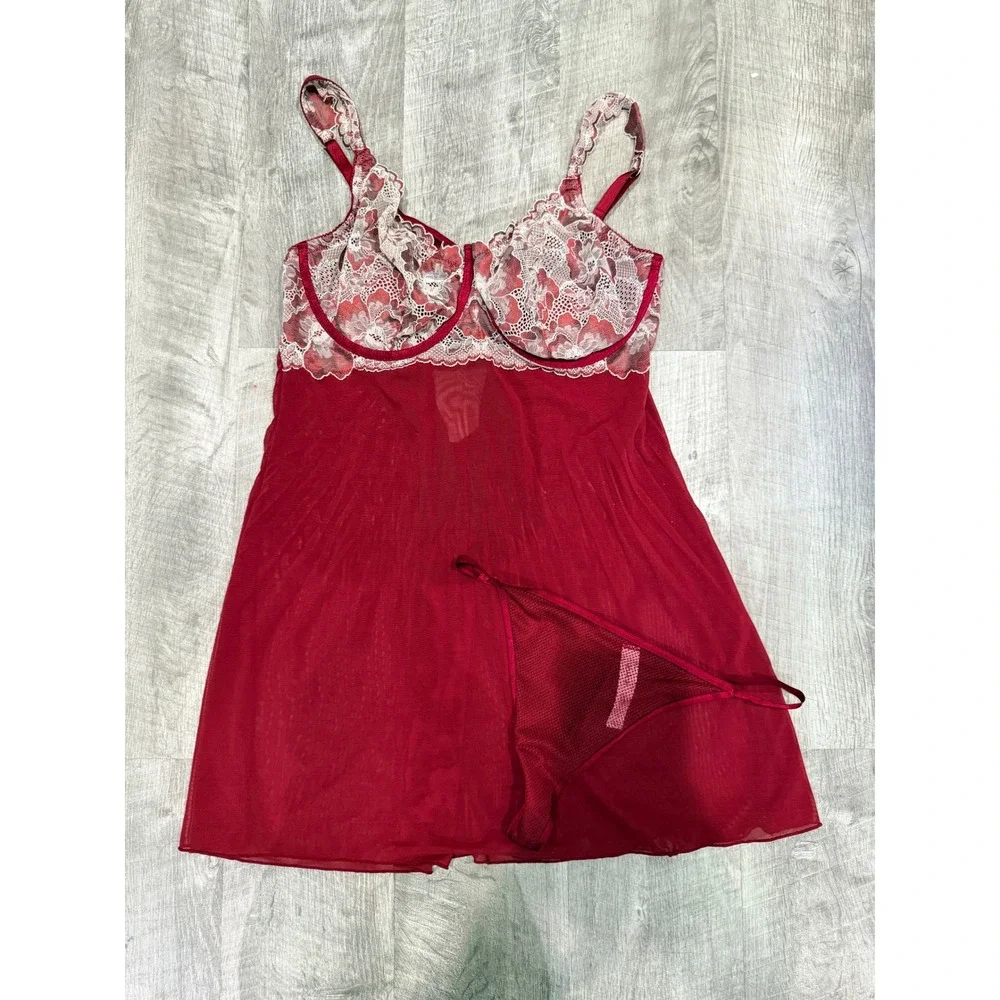 Auden Red Lace Mesh Babydoll Lingerie Set with Thong Underwire Size Large